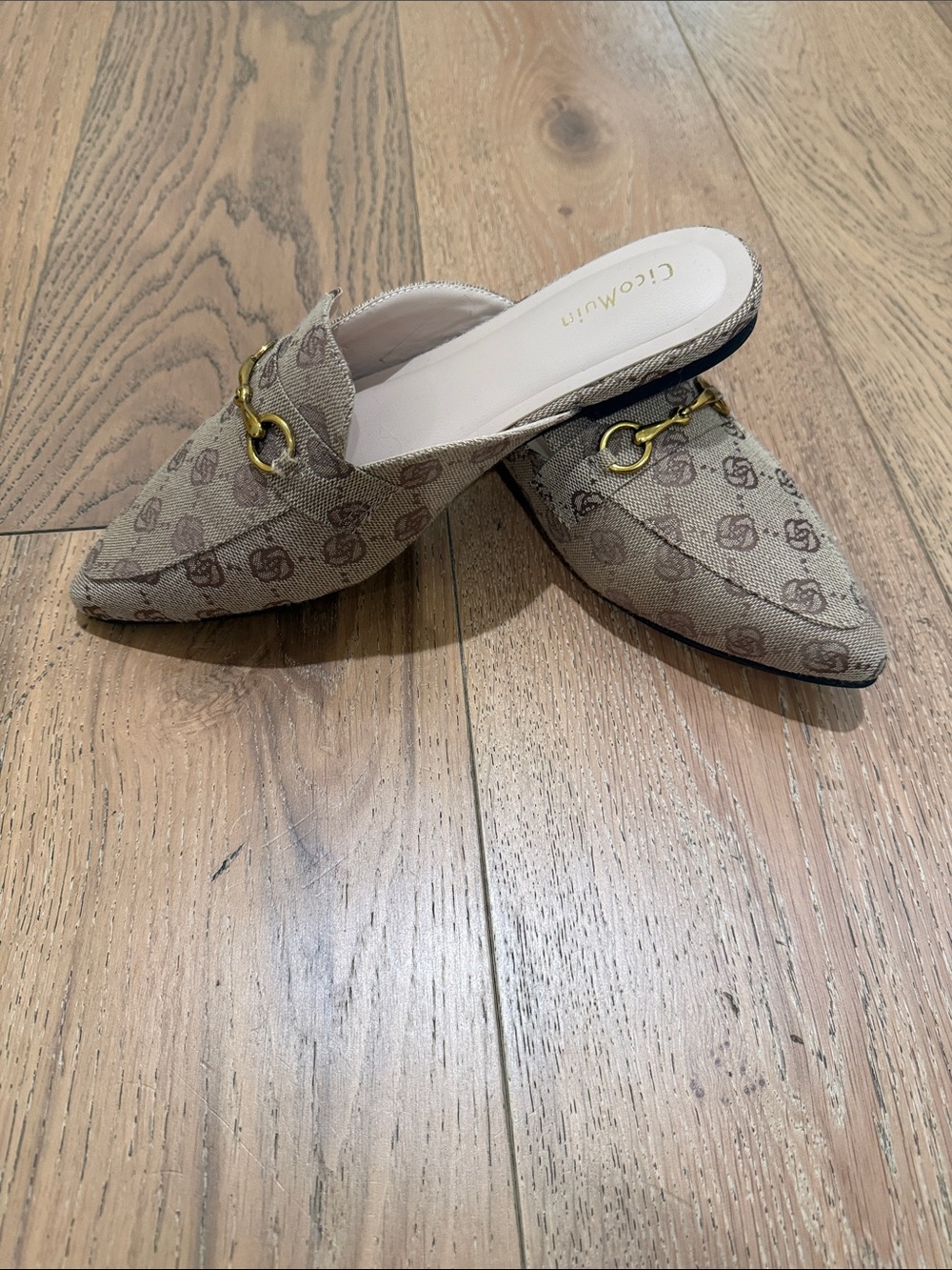 Beige Logo-Print Pointed Mules with Gold Buckle size 7, like new
